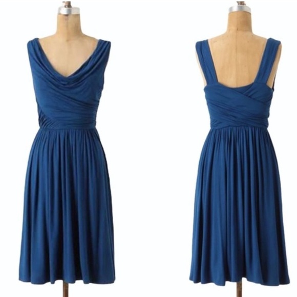 Anthropologie Deletta Pezza Dress Teal Blue Ruched Jersey Cowl Neck Size Small S - Picture 1 of 12